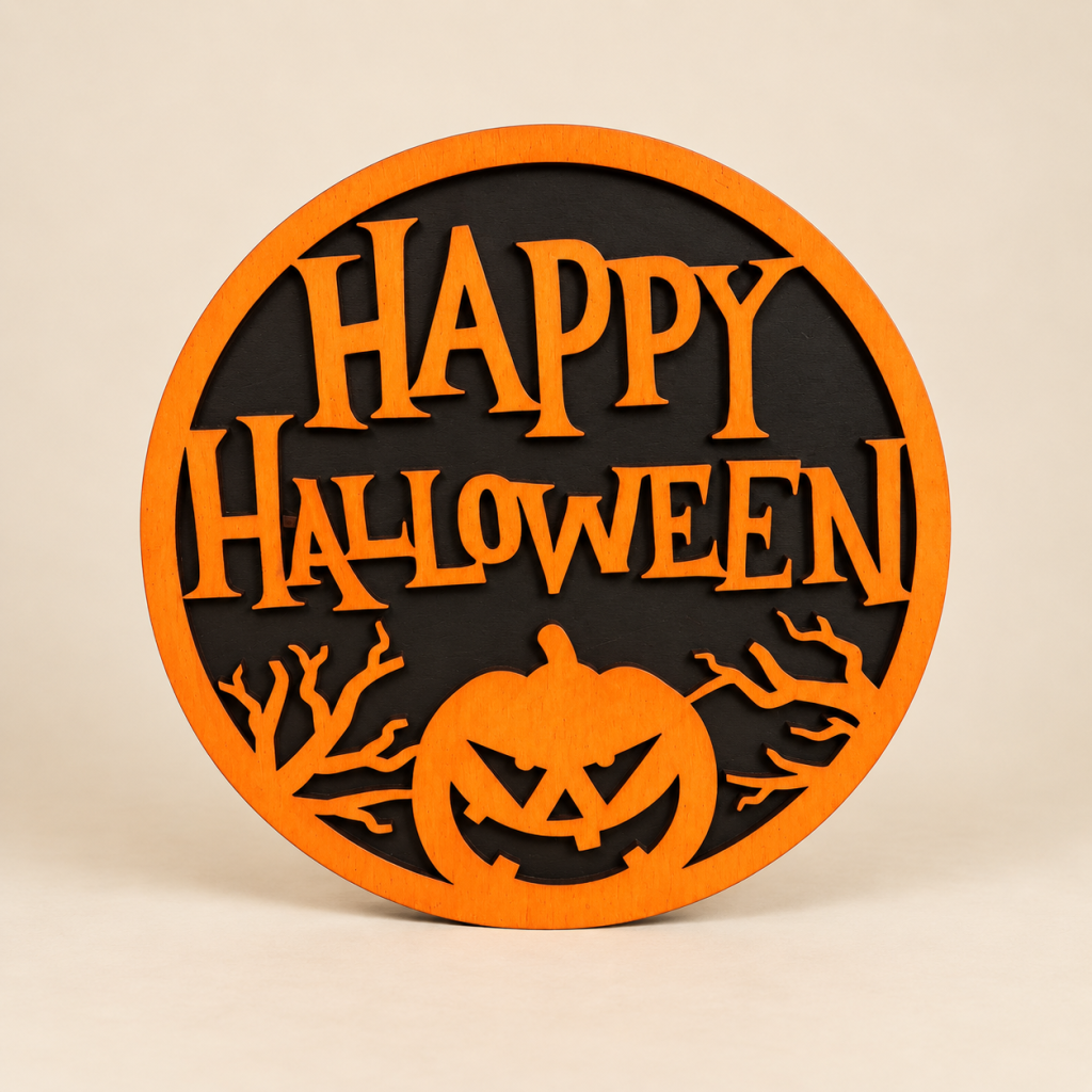Halloween-Deko aus Holz mit Happy-Halloween-Schriftzug und Kürbismotiv