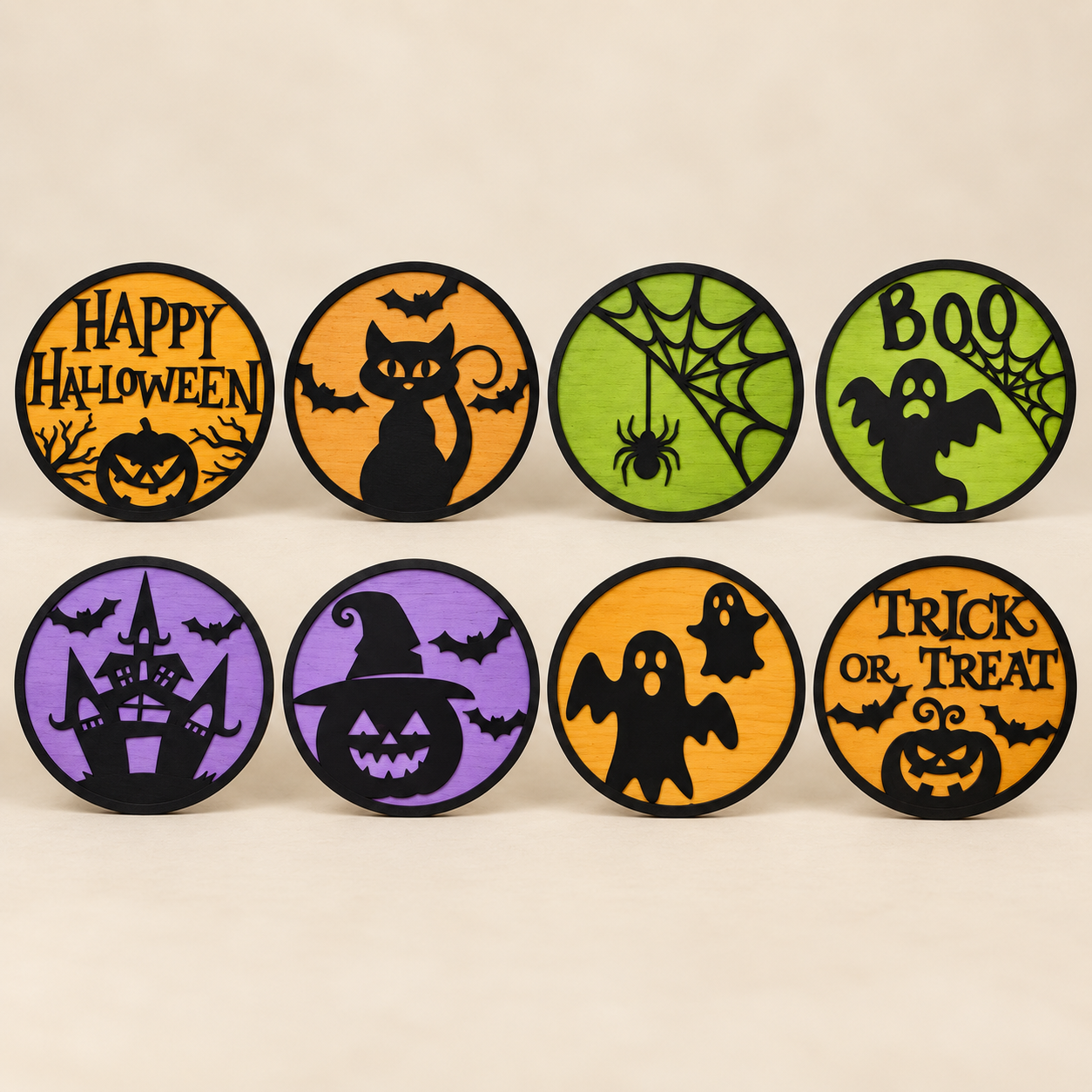 Acht Halloween-Motive aus Sperrholz im Überblick: Kürbis, Katze, Spinne, Geist, Spukhaus und Trick or Treat