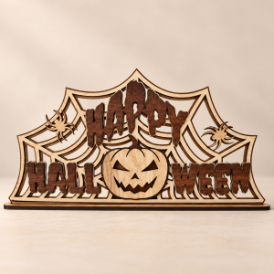 Halloween Tischdeko aus Sperrholz – Kürbis & Spinnennetz, 23 × 11 cm