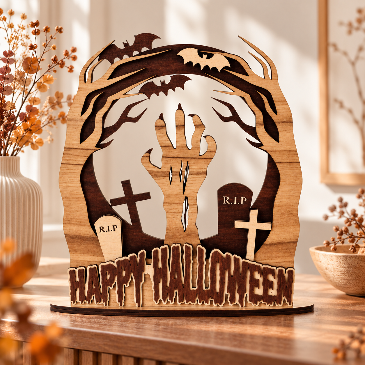 Illustration einer Halloween Tischdeko aus Sperrholz mit Zombiehand im Wohnambiente