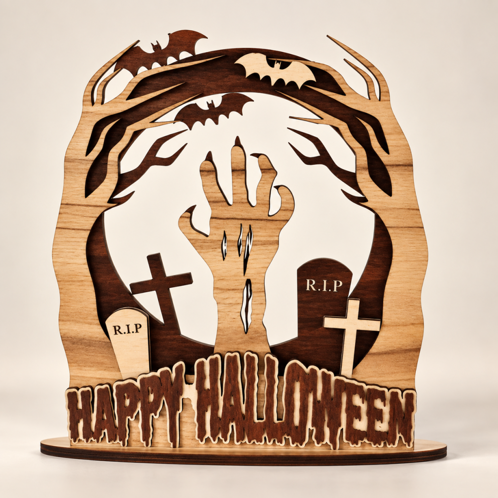 Illustration einer freistehenden Halloween Tischdeko aus Sperrholz mit Zombiehand, Fledermäusen und Grabsteinen
