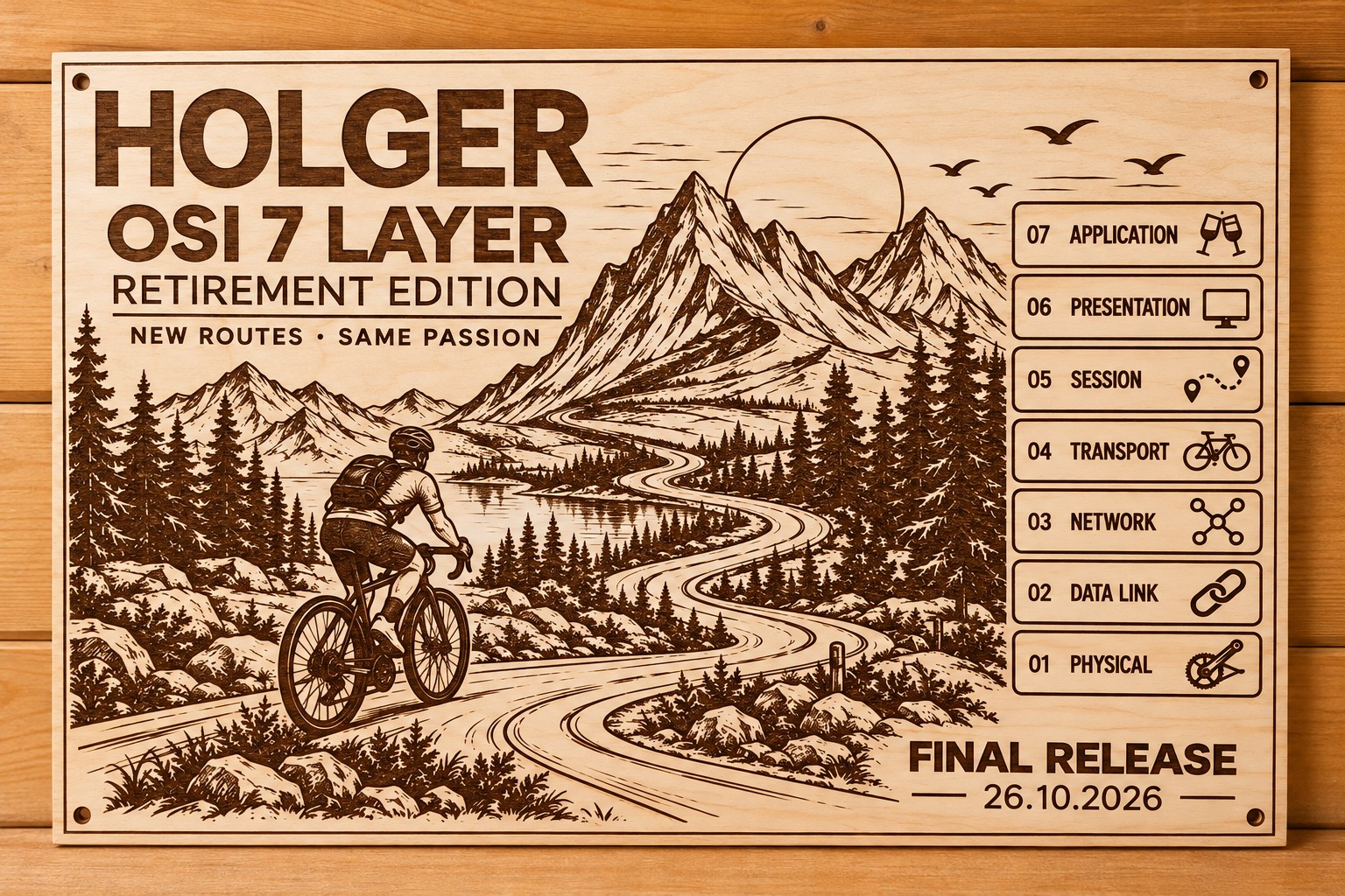 Personalisierte Holzgravur zum Ruhestand mit Fahrrad und Bergen