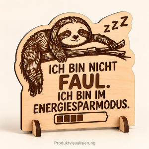 Holzschild „Energiesparmodus“ mit Faultier – gravierter Aufsteller