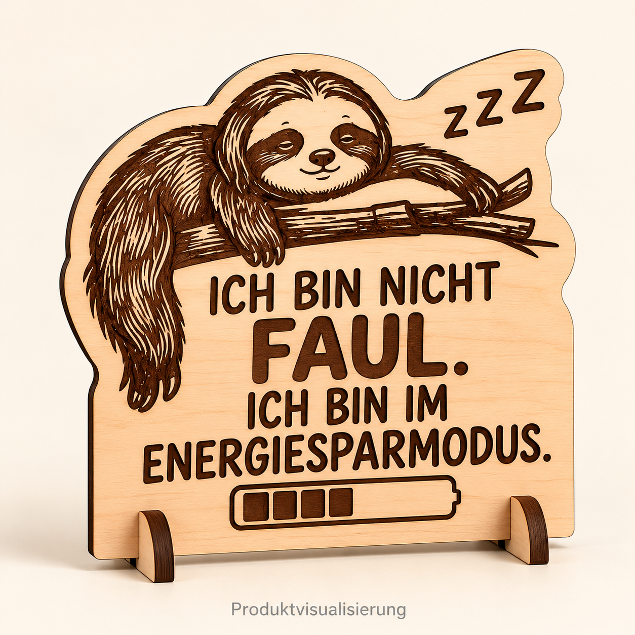 Produktvisualisierung: Faultier mit dem Spruch Ich bin nicht faul, ich bin im Energiesparmodus auf graviertem Birkensperrholz mit Holzständer.