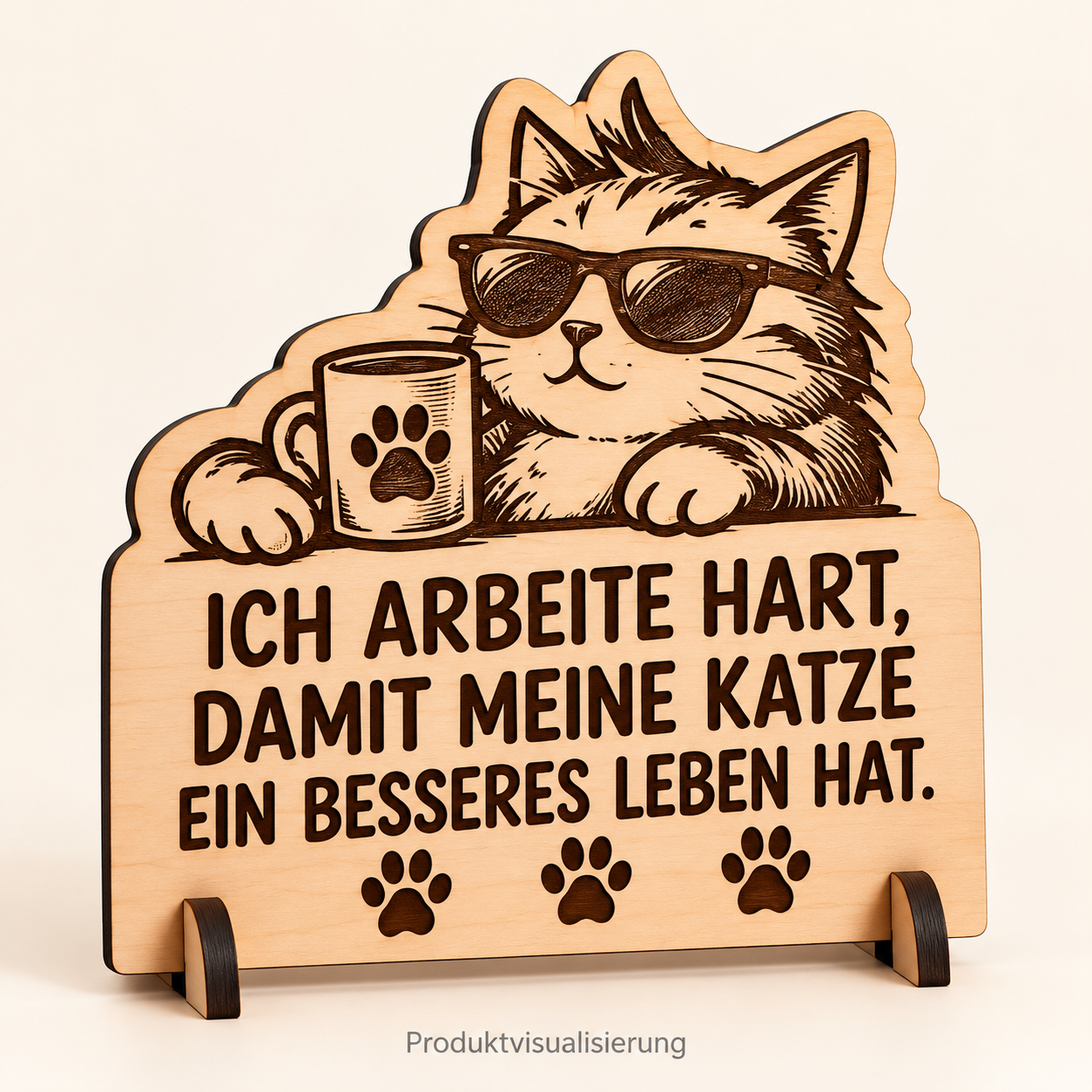 Produktvisualisierung: Katze mit Sonnenbrille und dem Spruch Ich arbeite hart, damit meine Katze ein besseres Leben hat auf graviertem Birkensperrholz mit Holzständer.