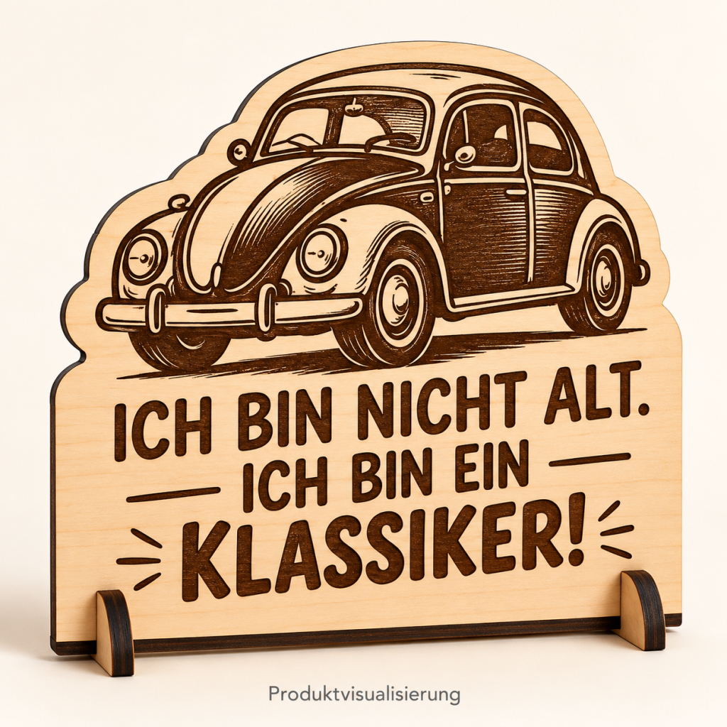 Produktvisualisierung: Oldtimer und der Spruch Ich bin nicht alt, ich bin ein Klassiker auf graviertem Birkensperrholz mit Holzständer.