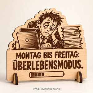 Produktvisualisierung: Müder Büroangestellter mit Laptop und dem Spruch Montag bis Freitag: Überlebensmodus auf graviertem Birkensperrholz mit Holzständer.
