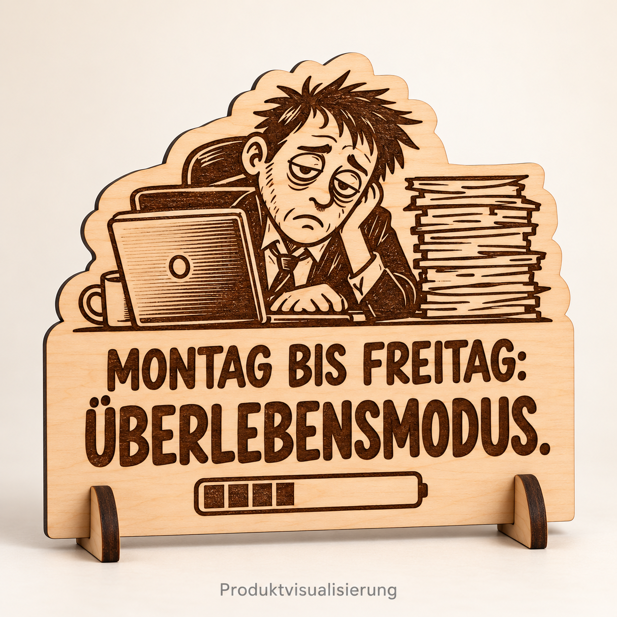 Produktvisualisierung: Müder Büroangestellter mit Laptop und dem Spruch Montag bis Freitag: Überlebensmodus auf graviertem Birkensperrholz mit Holzständer.