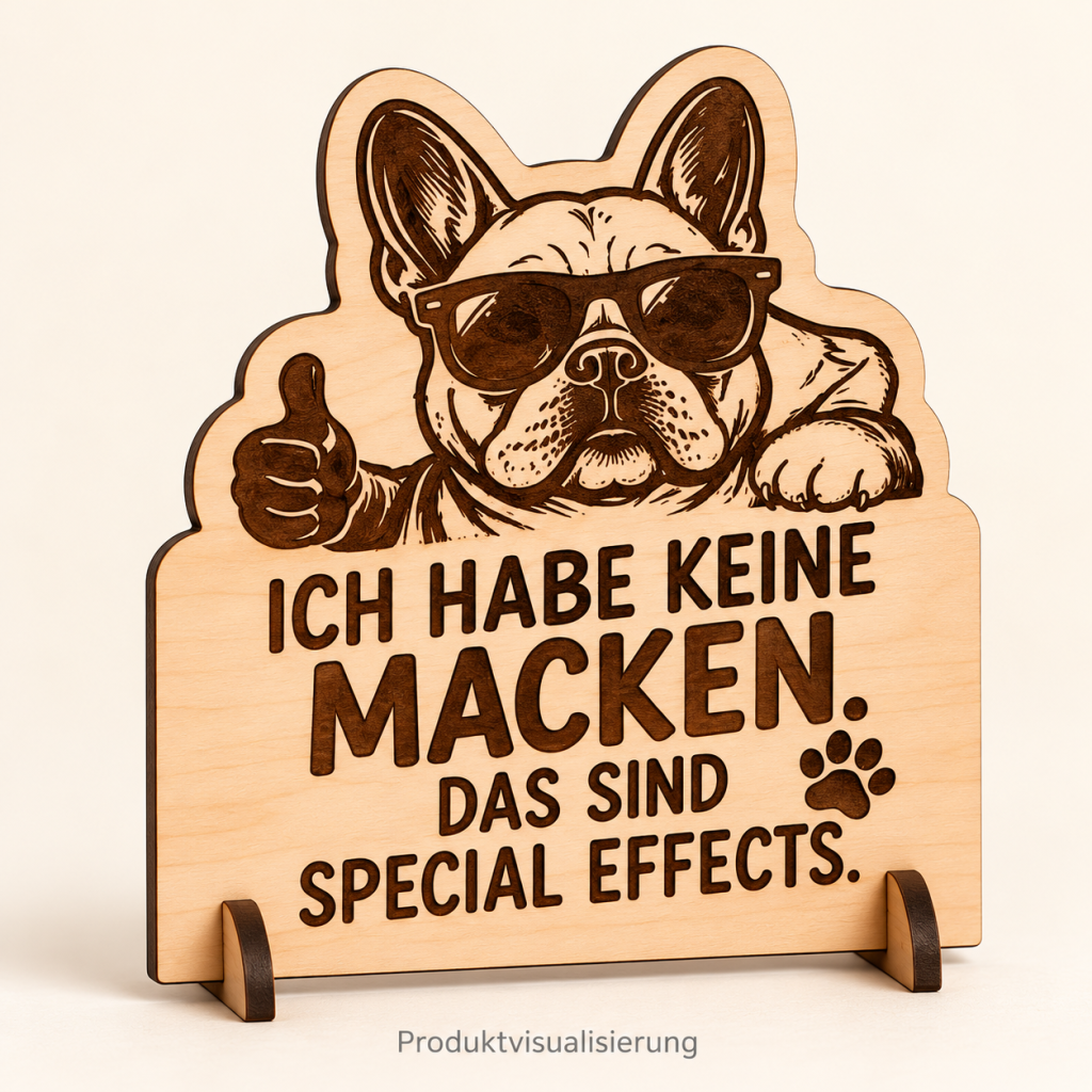 Produktvisualisierung: Bulldogge mit Sonnenbrille und dem Spruch Ich habe keine Macken, das sind Special Effects auf graviertem Birkensperrholz mit Holzständer.