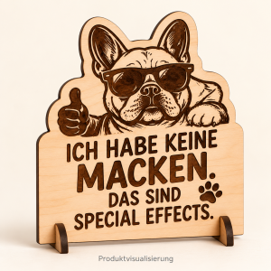Produktvisualisierung: Bulldogge mit Sonnenbrille und dem Spruch Ich habe keine Macken, das sind Special Effects auf graviertem Birkensperrholz mit Holzständer.