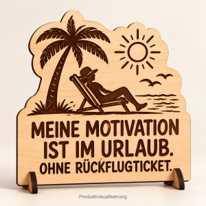 Produktvisualisierung: Liegestuhl unter einer Palme und Spruch über Motivation im Urlaub auf graviertem Birkensperrholz mit Holzständer.