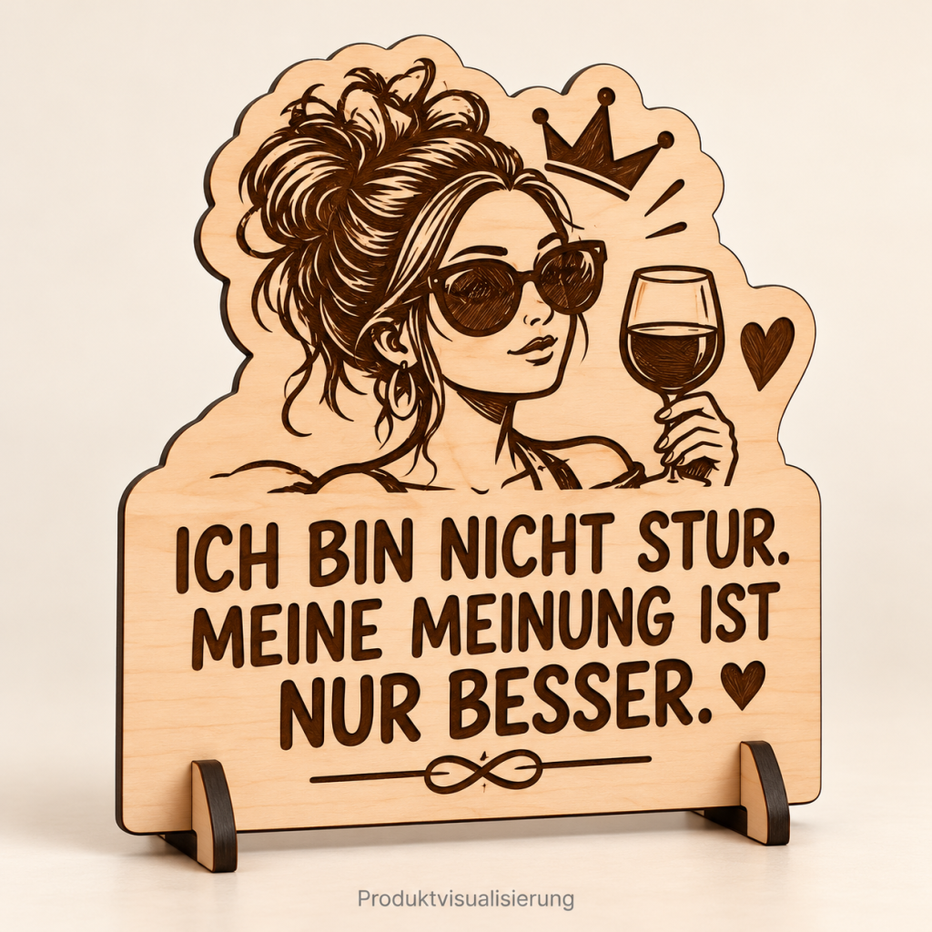 Produktvisualisierung: Frau mit Sonnenbrille, Krone und Weinglas mit selbstbewusstem Spruch auf graviertem Birkensperrholz mit Holzständer.