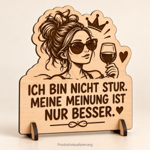 Produktvisualisierung: Frau mit Sonnenbrille, Krone und Weinglas mit selbstbewusstem Spruch auf graviertem Birkensperrholz mit Holzständer.