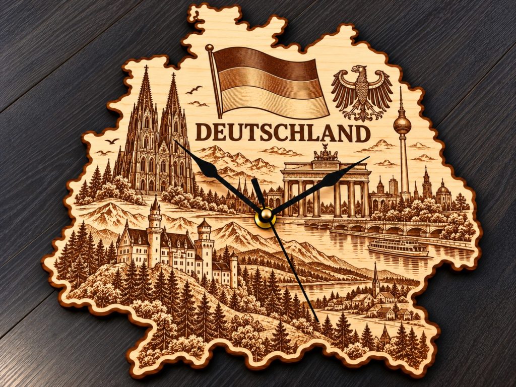 Holz-Wanduhr „DEUTSCHLAND“ – Deutschland mit Motivgravur