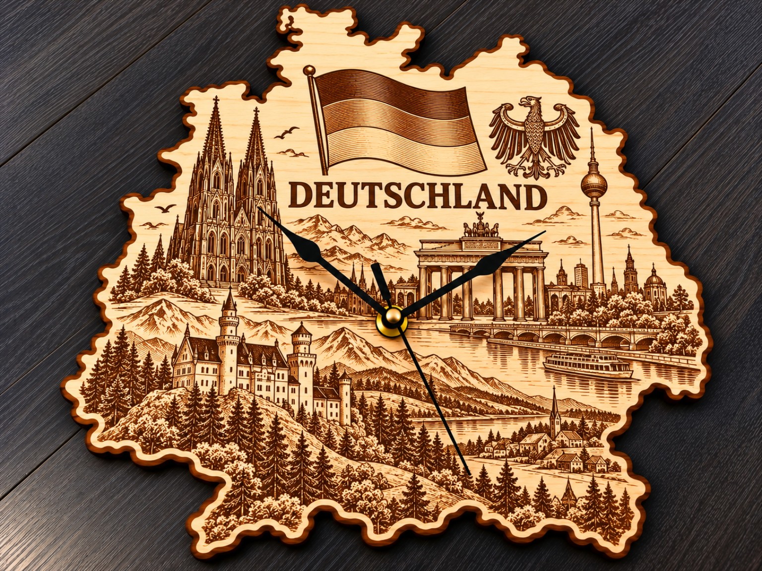 Holz-Wanduhr DEUTSCHLAND mit detailreicher Motivgravur