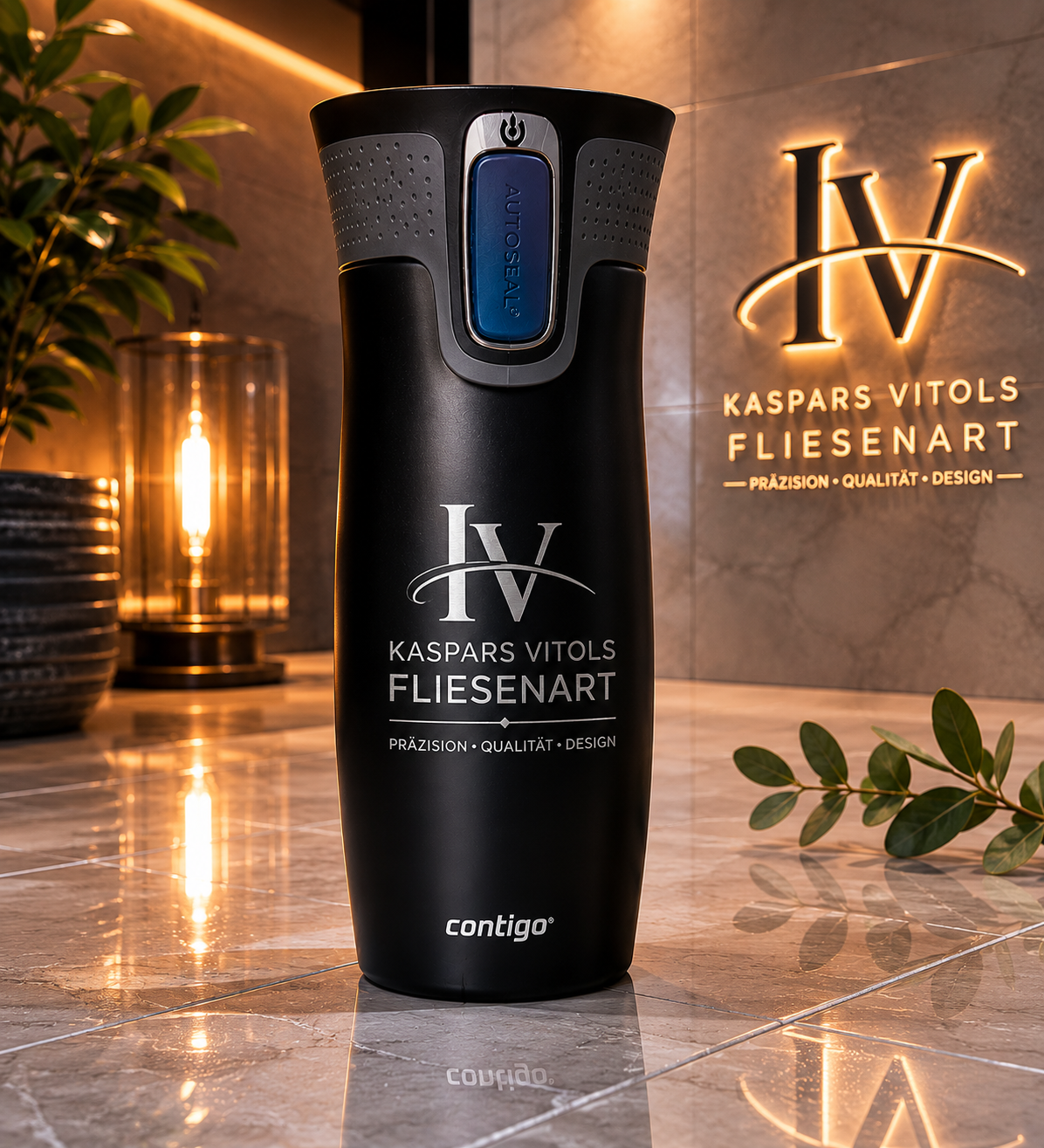 Schwarzer Thermobecher mit Kaspars Vitols FliesenArt Logogravur