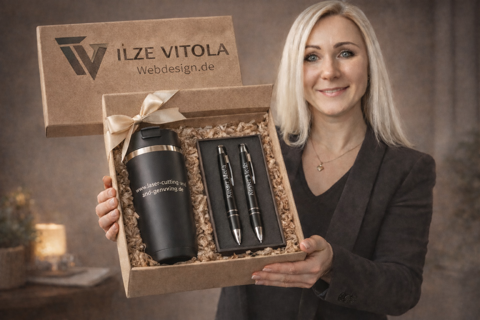 Ilze Vitola mit graviertem Thermobecher und Kugelschreibern im Geschenkset