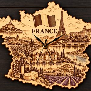 Holz-Wanduhr „FRANCE“ – Frankreich mit Motivgravur