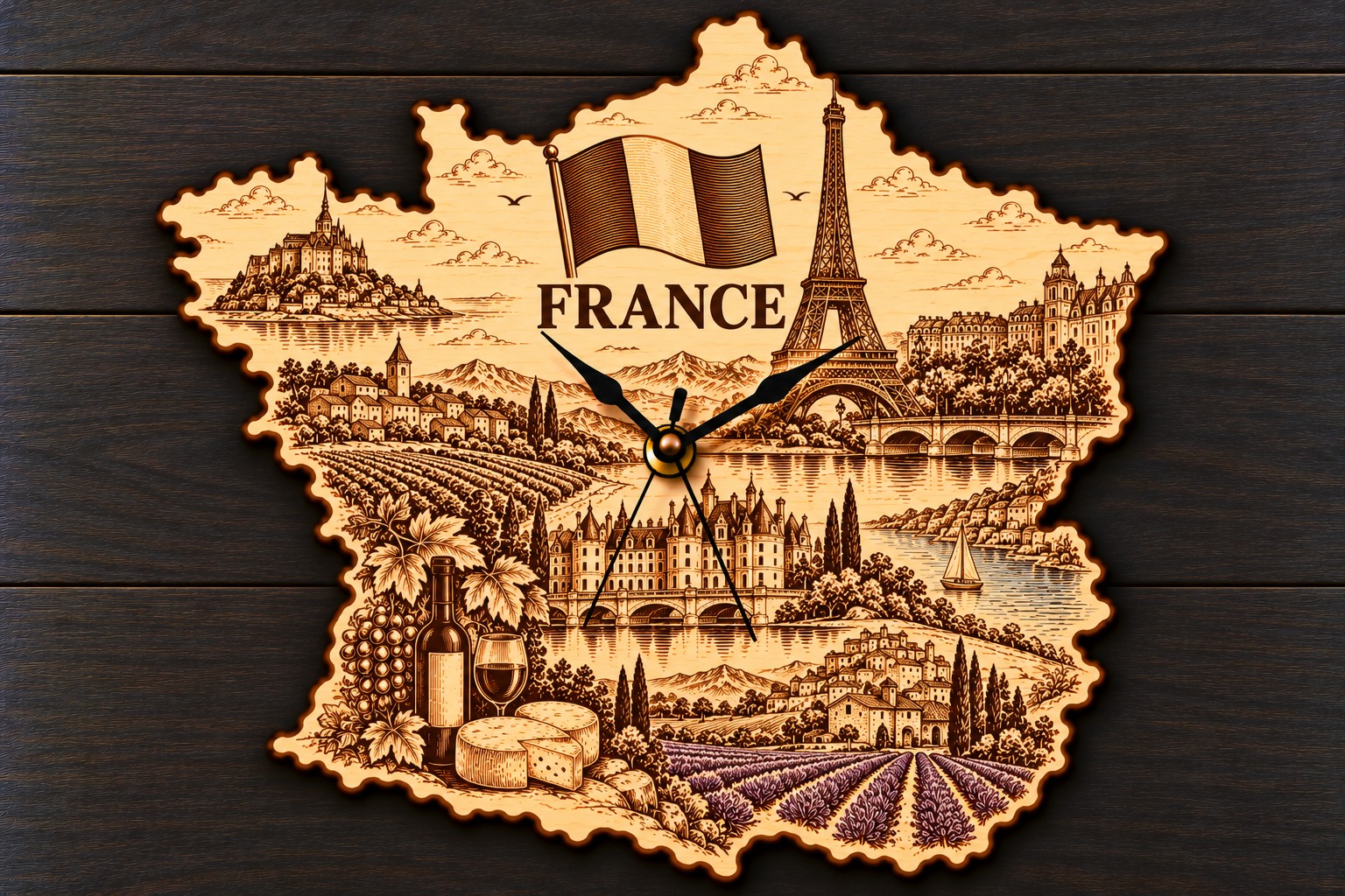 Holz-Wanduhr „FRANCE“ – Frankreich mit Motivgravur