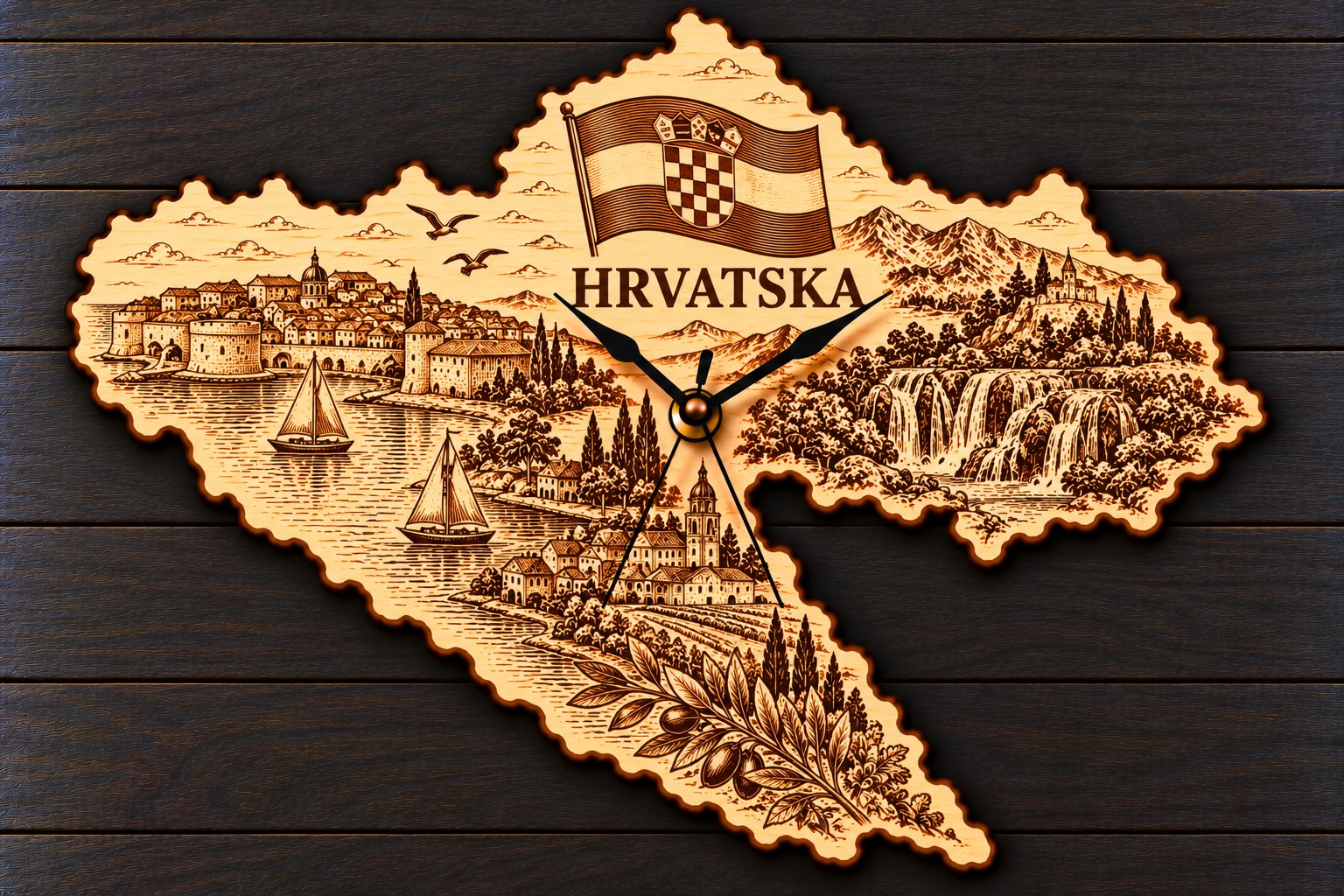 Holz-Wanduhr „HRVATSKA“ – Kroatien mit Motivgravur