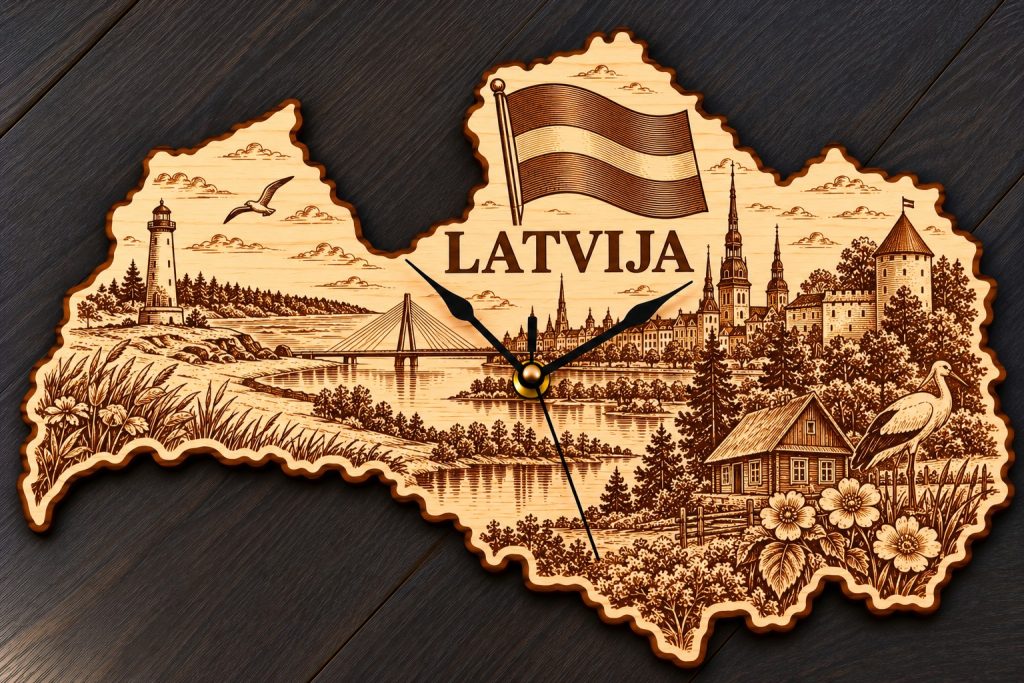 Holz-Wanduhr „LATVIJA“ – Landschaft & Storch
