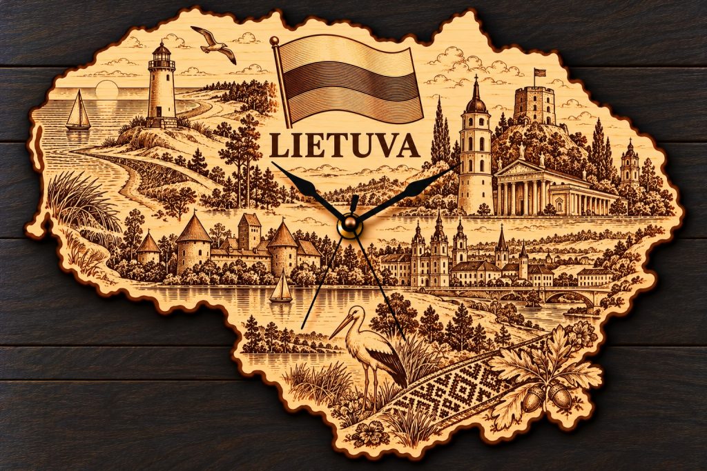 Holz-Wanduhr „LIETUVA“ – Litauen mit Motivgravur
