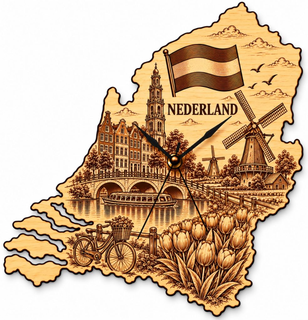 Holz-Wanduhr „NEDERLAND“ – Niederlande mit Motivgravur