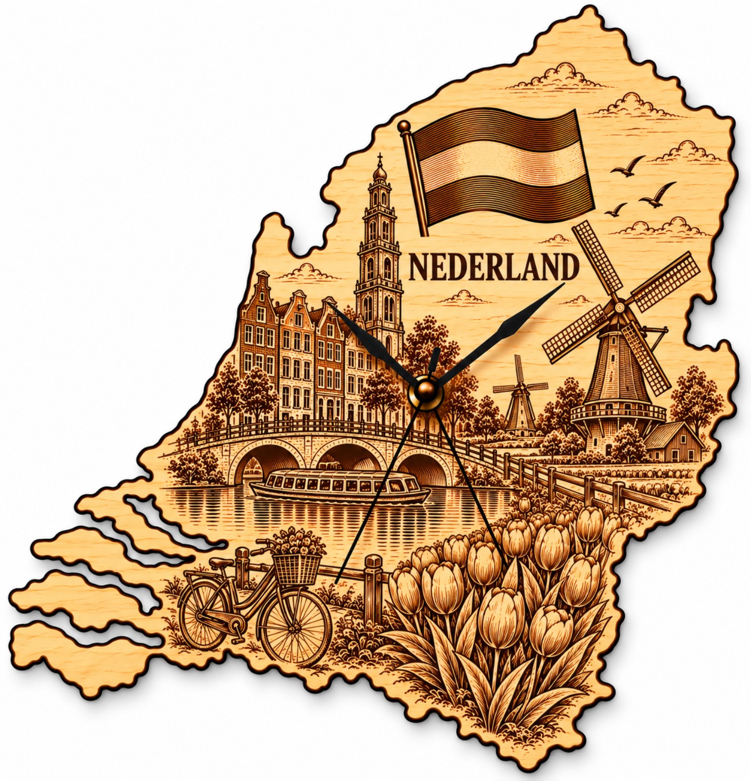 Holz-Wanduhr „NEDERLAND“ – Niederlande mit Motivgravur