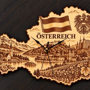 Holz-Wanduhr „ÖSTERREICH“ – Österreich mit Motivgravur
