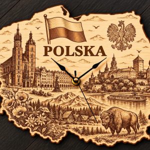 Holz-Wanduhr „POLSKA“ – Polen mit Motivgravur