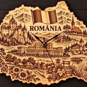 Holz-Wanduhr „ROMÂNIA“ – Rumänien mit Motivgravur