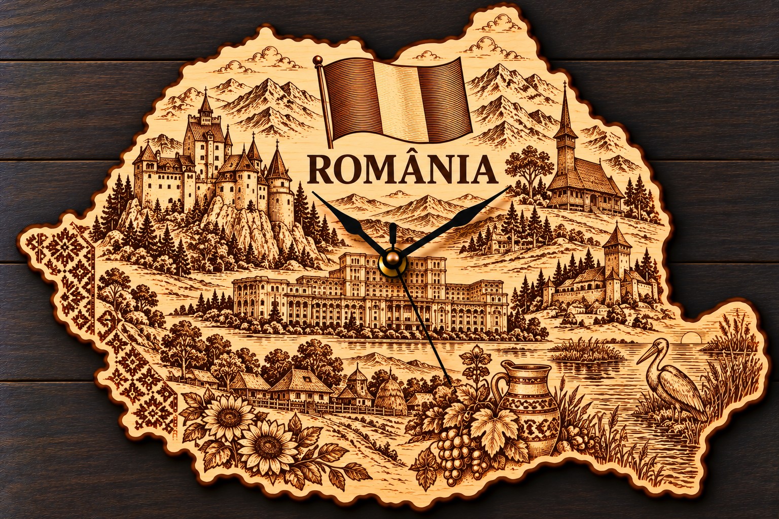 Holz-Wanduhr „ROMÂNIA“ – Rumänien mit Motivgravur