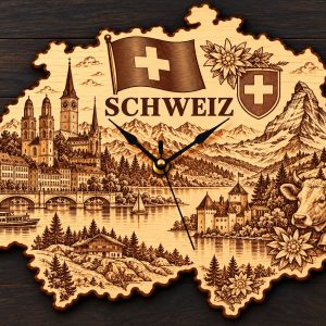 Holz-Wanduhr „SCHWEIZ“ – Schweiz mit Motivgravur