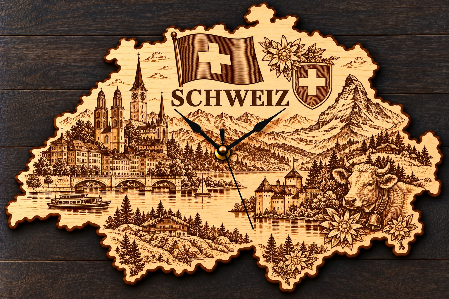 Holz-Wanduhr „SCHWEIZ“ – Schweiz mit Motivgravur