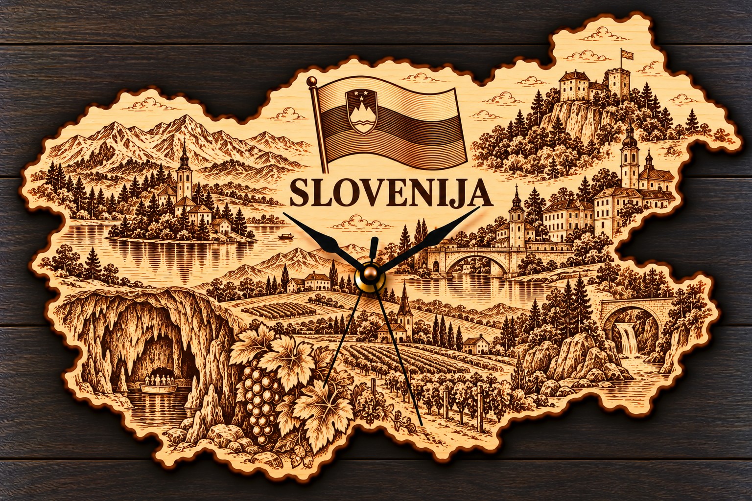 Holz-Wanduhr „SLOVENIJA“ – Slowenien mit Motivgravur