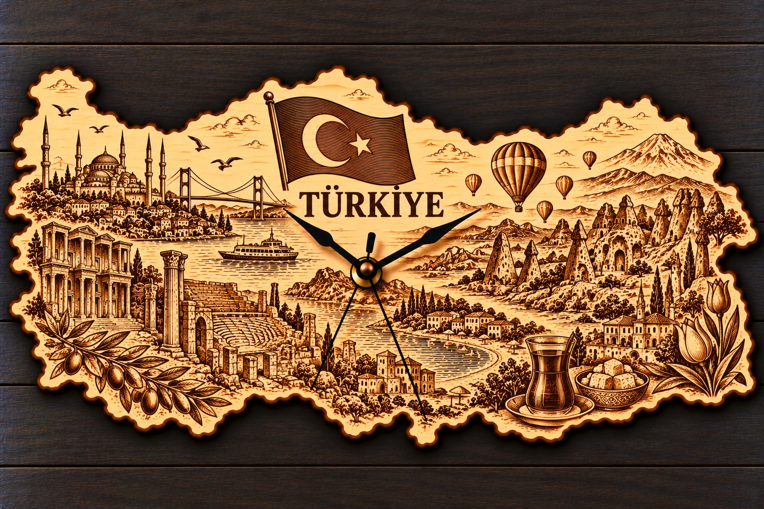 Holz-Wanduhr „TÜRKİYE“ – Türkei mit Motivgravur