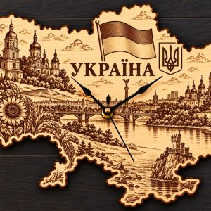 Holz-Wanduhr „УКРАЇНА“ – Ukraine mit Motivgravur