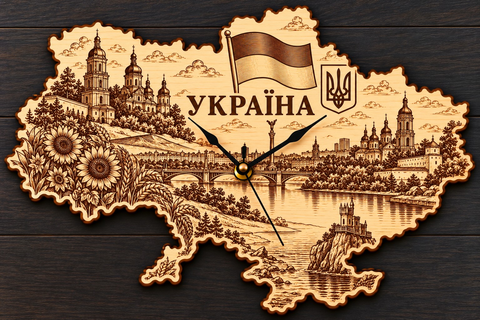 Holz-Wanduhr „УКРАЇНА“ – Ukraine mit Motivgravur